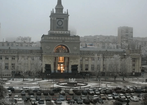In this photo made by a public camera and made available by the Associated Press Television News the flash of an explosion illuminates the entrance to Volgograd railway station in Volgograd Russia on Sunday, Dec. 29, 2013. More then a dozen people were killed and scores were wounded Sunday by a suicide bomber at a railway station in southern Russia, officials said, heightening concern about terrorism ahead of February's Olympics in the Black Sea resort of Sochi. AP