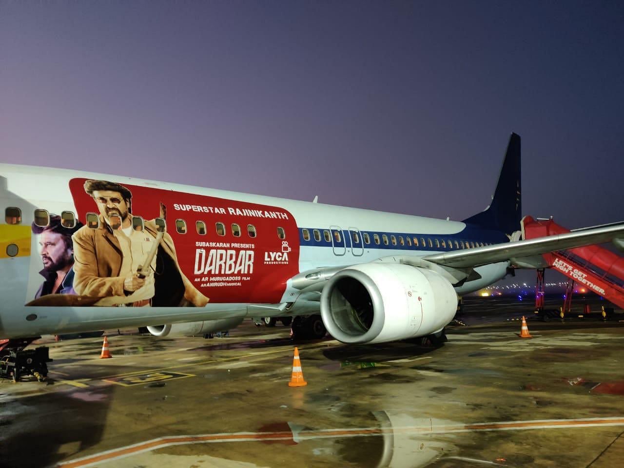 A SpiceJet aircraft with Darbar livery as part of branding for the Rajinikanth-starrer movie. (Credit: Twitter)