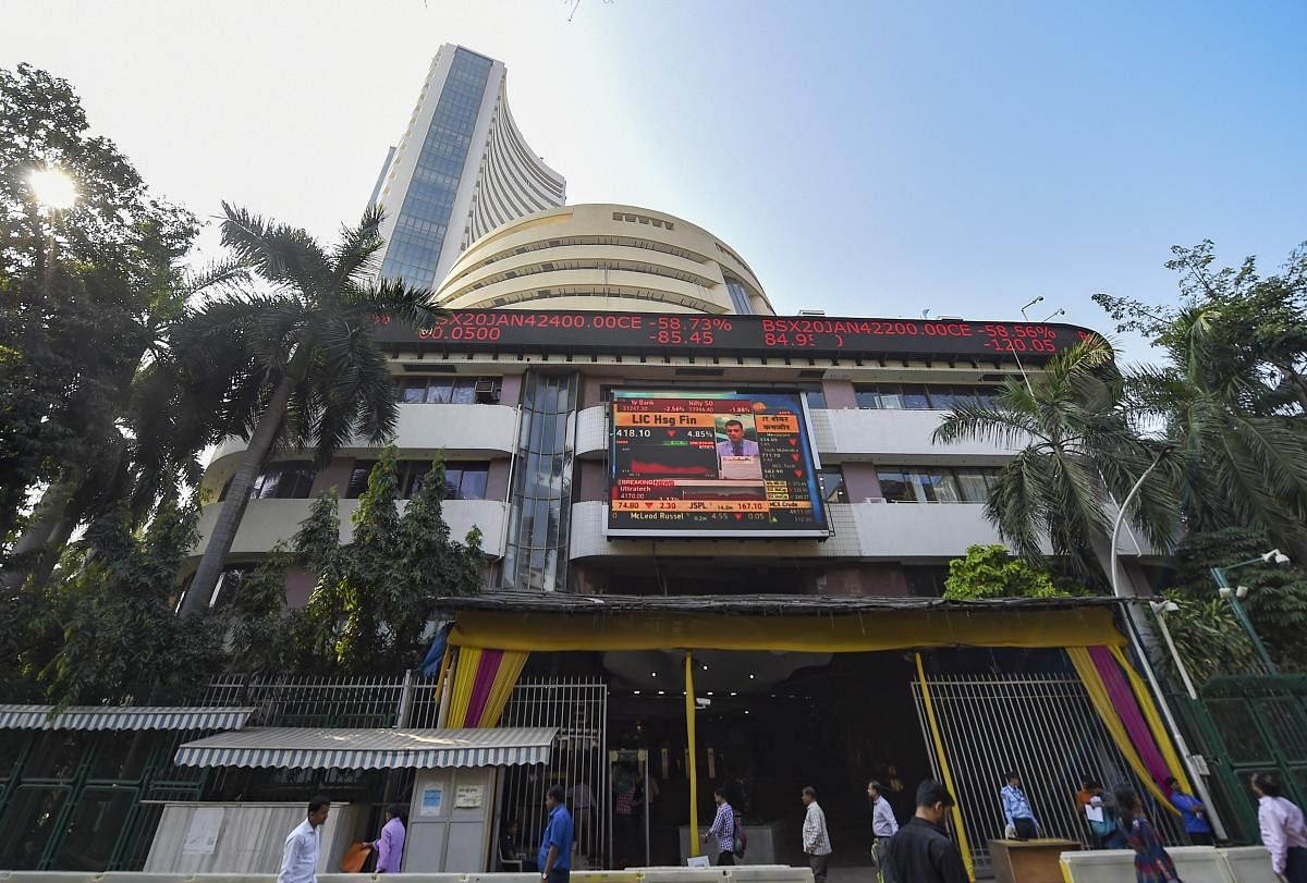 A view of the stock prices displayed on a digital screen outside BSE building in Mumbai, Monday, Jan. 6, 2020. Sensex plummeted to 787.98 points as escalation in tensions in the Middle East fuelled intense selloff in global equities. (PTI Photo)