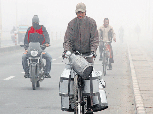 People commute on a foggy morning in Jammu on Friday. PTI