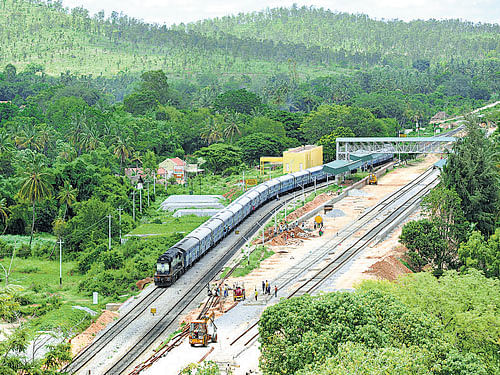 The construction of the double track in progress at Dodda Byadarahalli station near Pandavapura.