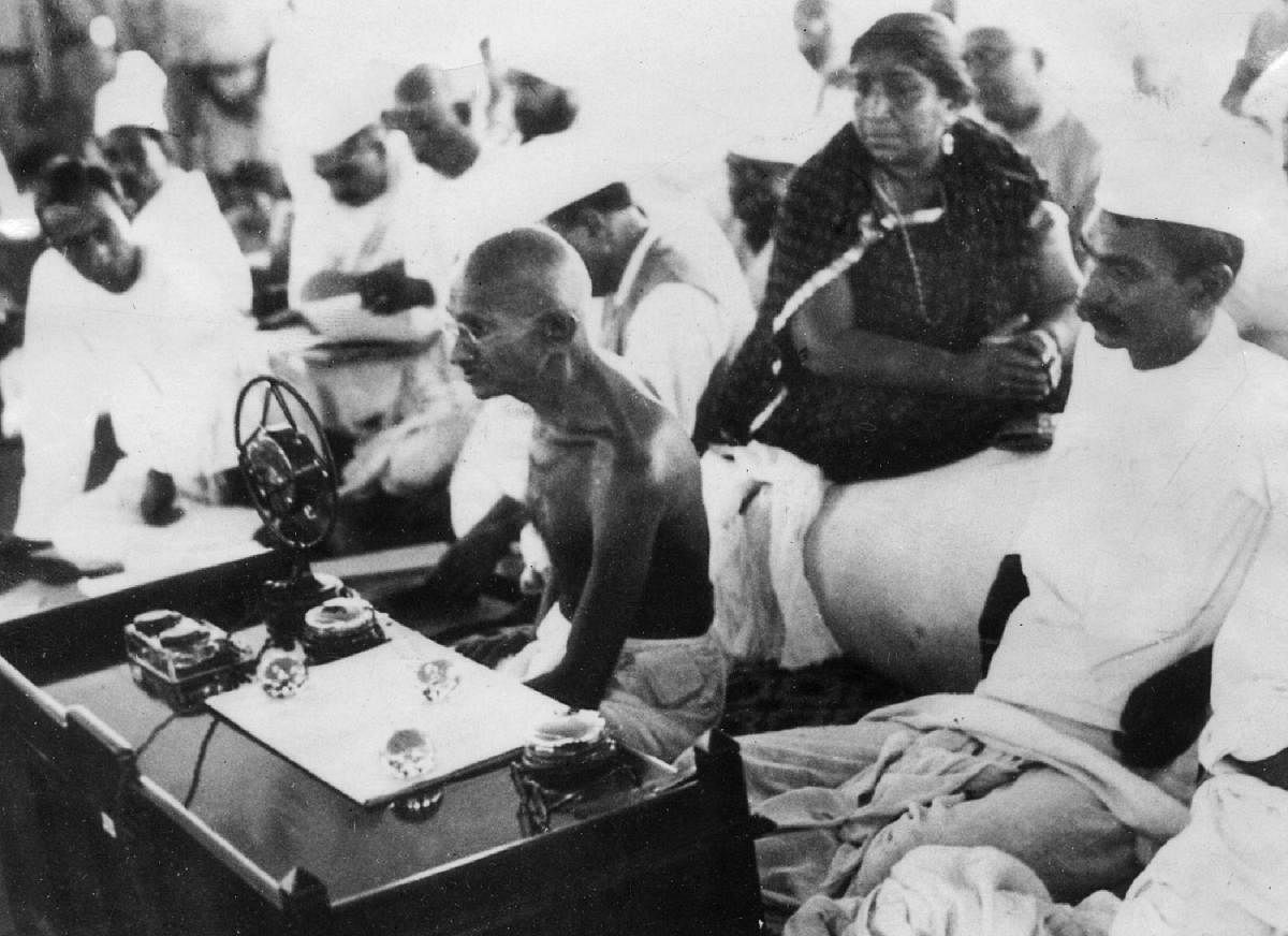In this file photo taken on November 5, 1934 Mohandas Karamchand Gandhi, better known as Mahatma Gandhi, delivers a speech at the All-India Congress Committe in Mumbai. (Photo by - / AFP)