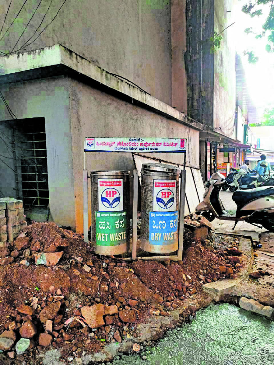 The twin litter bins are an obstruction in Bejai in Mangaluru city.