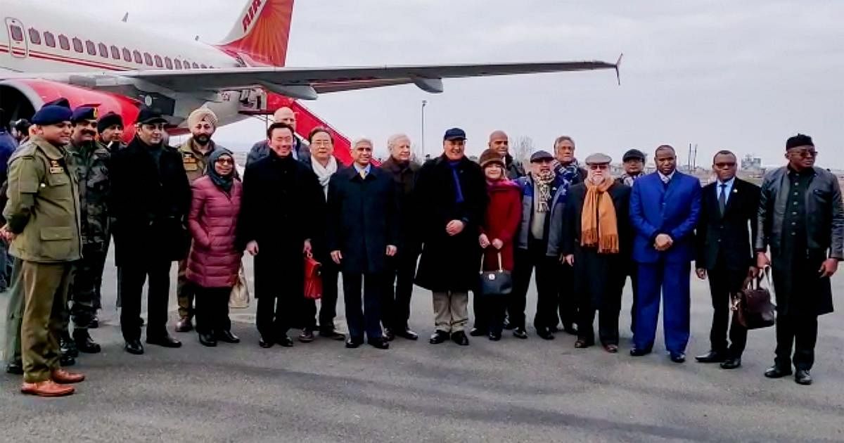 US envoy to India Kenneth I Juster and other diplomats from 16 countries on their arrival at the airport in Srinagar, Thursday, Jan. 9, 2020. Credit: PTI
