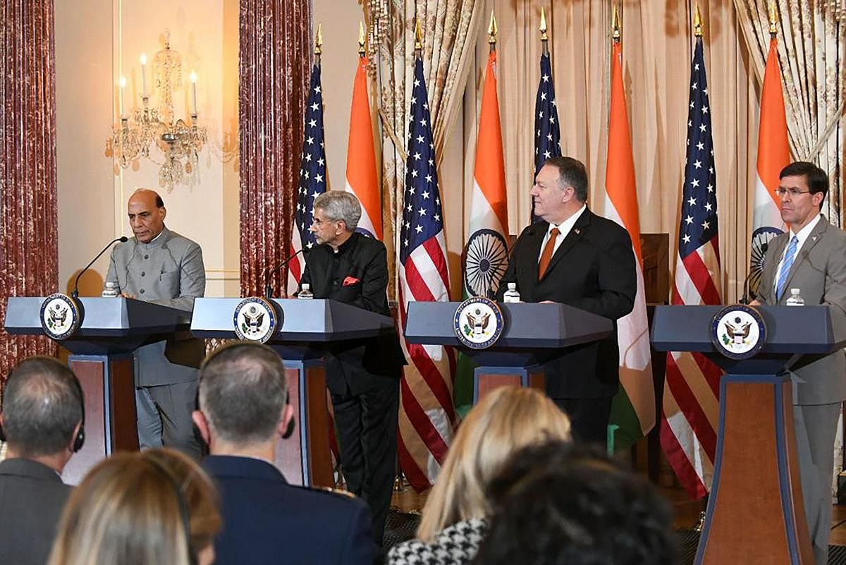 Defence Minister Rajnath Singh speaks at a joint press conference after the conclusion of India-US 2+2 dialogue in Washington, Wednesday, Dec. 18, 2019. Also seen are (L-R) External Affairs Minister S Jaishankar, US Secretary of State Michael Pompeo and US Secretary of Defense Mark Esper. (PTI Photo)