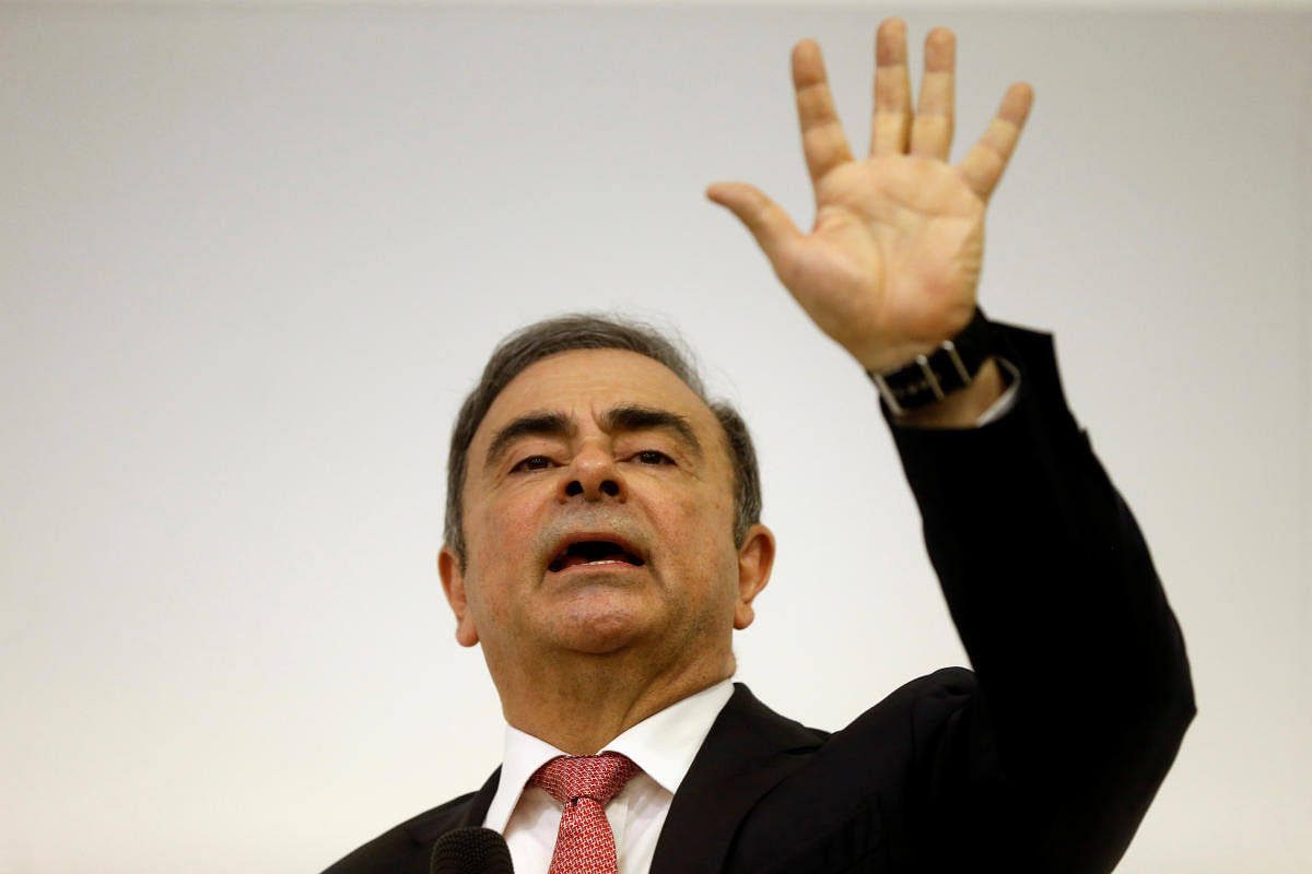Former Nissan chairman Carlos Ghosn gestures during a news conference at the Lebanese Press Syndicate in Beirut, Lebanon January 8, 2020. (Reuters Photo)