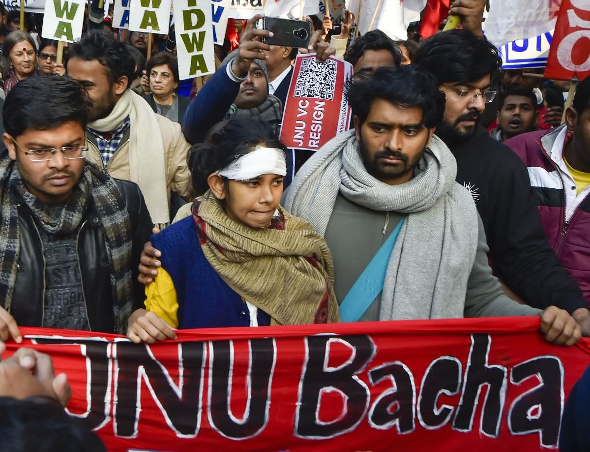Aishe Ghosh and other students during a protest march from Mandi House to HRD Ministry, demanding the removal of the university vice-chancellor, in New Delhi. (PTI Photo)