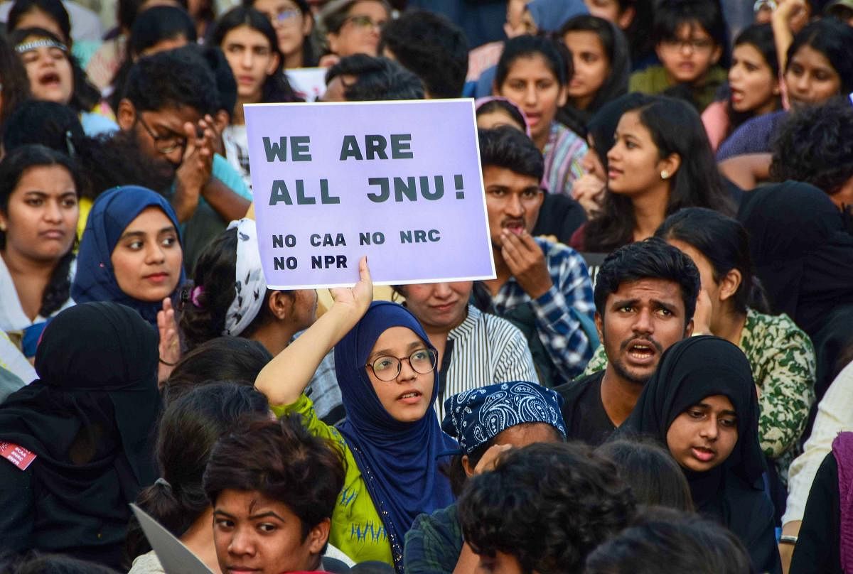 Photo of JNU students and activists protesting against CAA (PTI Photo)