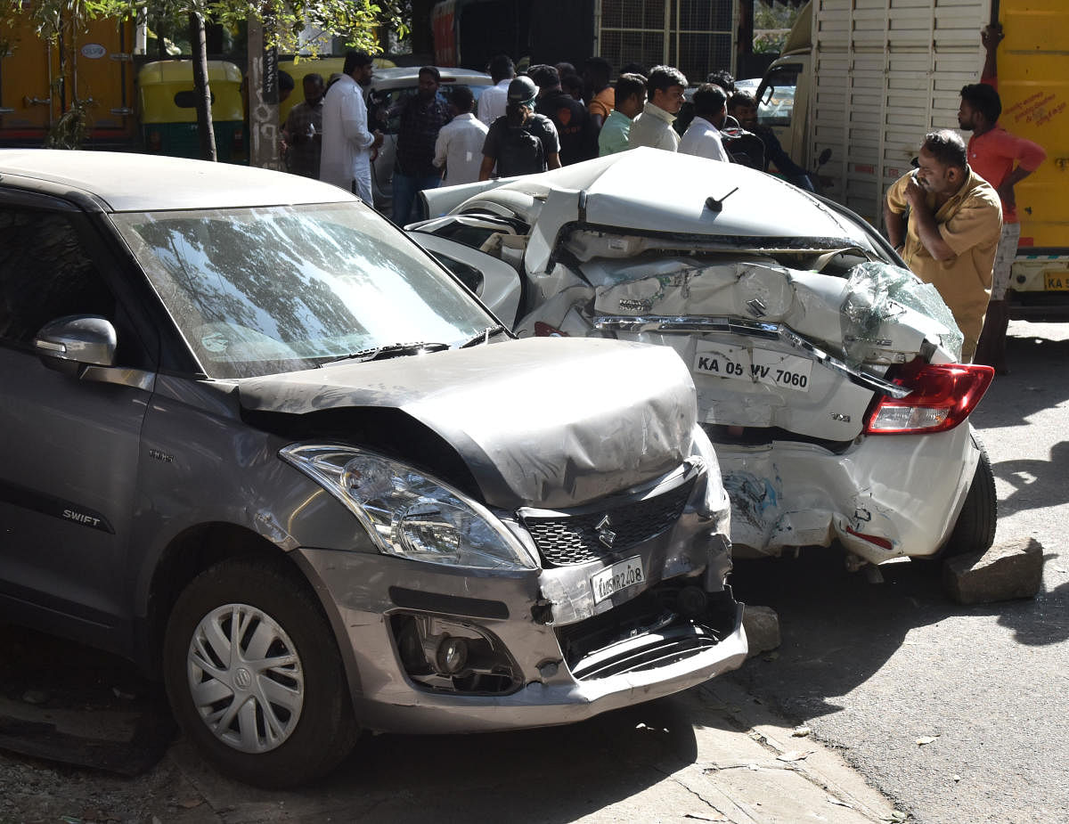 The damaged cars after serial accident in between BMTC buses and cars at BTM layout near Bannerghatta road in Bengaluru on Friday, January 10, 2020. During the incident two buses, four cars and three TATA ace damaged, no one injured. Photo by Janardhan B K