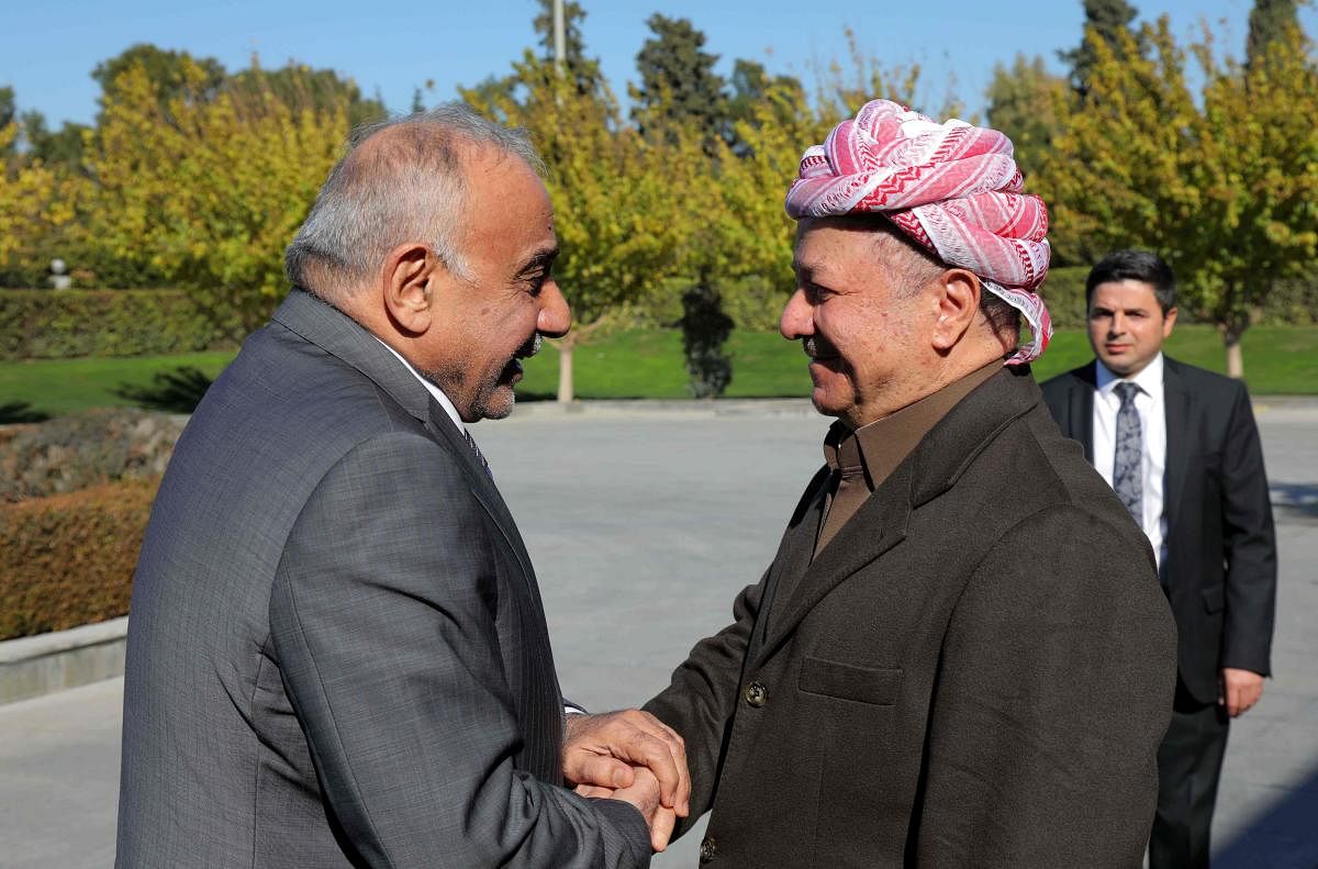 Masoud Barzani (R), leader of the Kurdistan Democratic Party (KDP), welcomes Iraqi Prime Minister Adil Abdul-Mahdi in Arbil, the capital of the northern Iraqi Kurdish autonomous region. (AFP Photo)