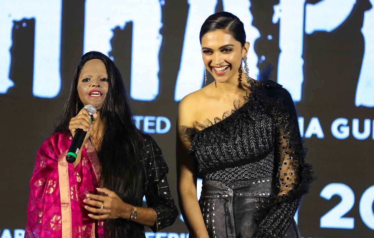  Bollywood actress and producer Deepika Padukone with acid-attack survivor Laxmi Agarwal during the launch of title track of film ‘Chhapaak’ (PTI Photo)