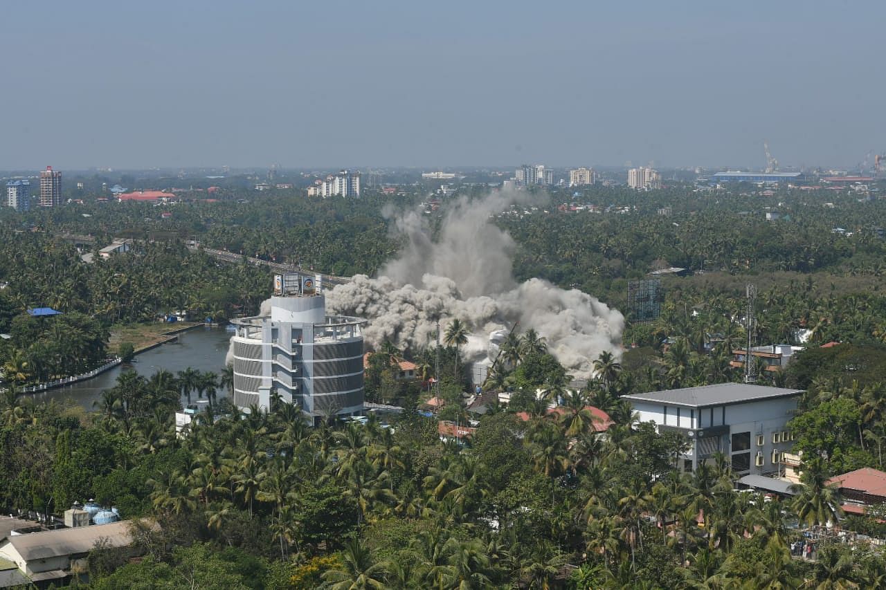 H2O Holy Faith apartment tower in Maradu has been demolished through controlled implosion in Kerala. (DH Photo)