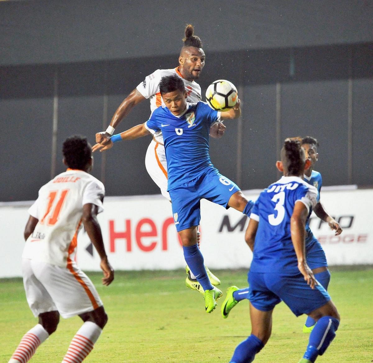 Indian Arrows &amp; Neroca FC in action at Tilak Maidan, in Vasco during the I-League match on Tuesday. (PTI Photo)
