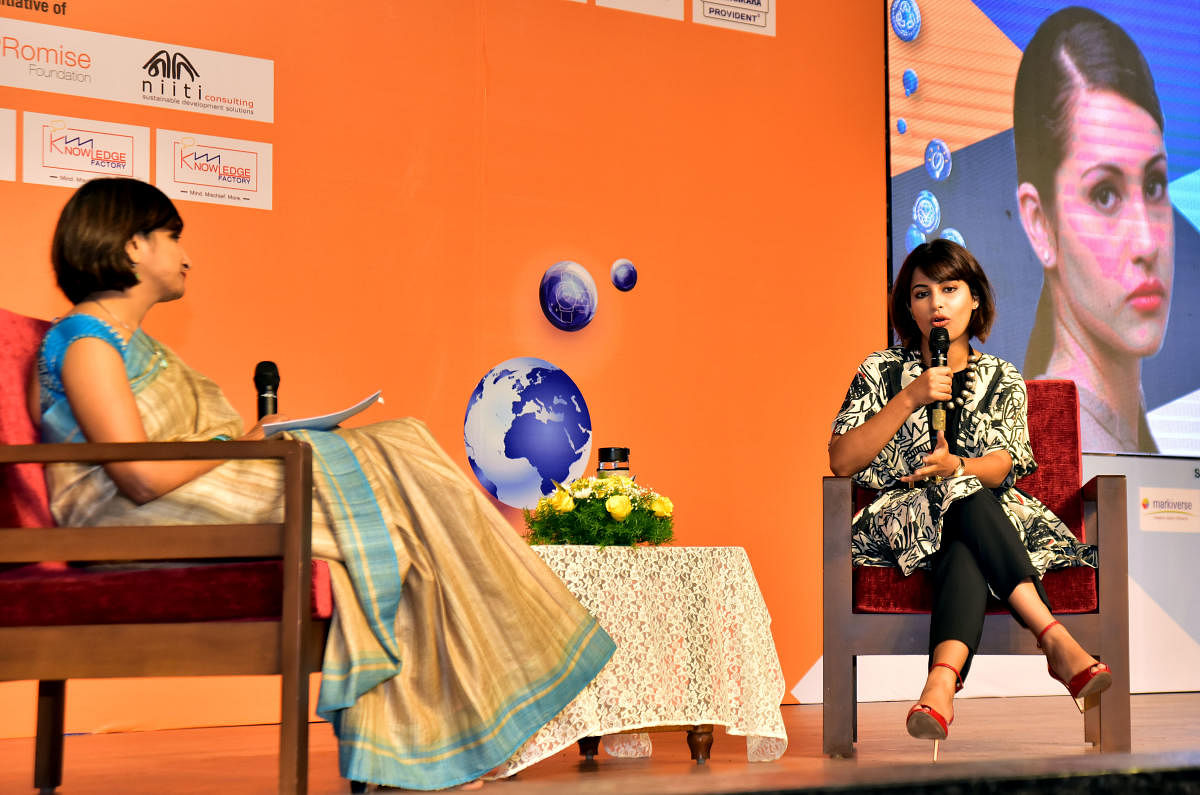 Ace shooter Heena Sidhu speaks during an interaction at the fourth edition of ‘Knowledge Factory’ at St Agnes College in Mangaluru on Friday.