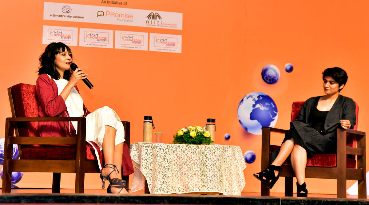 Supermodel and actor Dipannita Sharma speaks on sustainable fashion with Kriti Tula, founder of India’s first zero waste fashion brand, at the fourth edition of ‘Knowledge Factory’ at St Agnes College in Mangaluru on Friday.