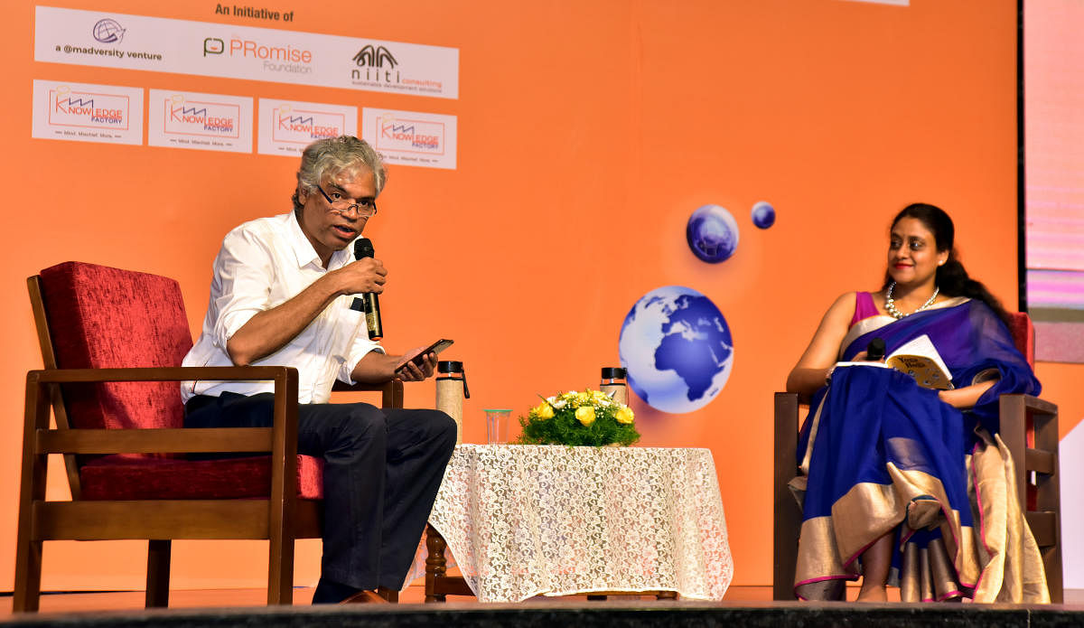 Theatre person and film actor Prakash Belawadi speaks during ‘Knowledge Factory’ at St Agnes College in Mangaluru on Friday.