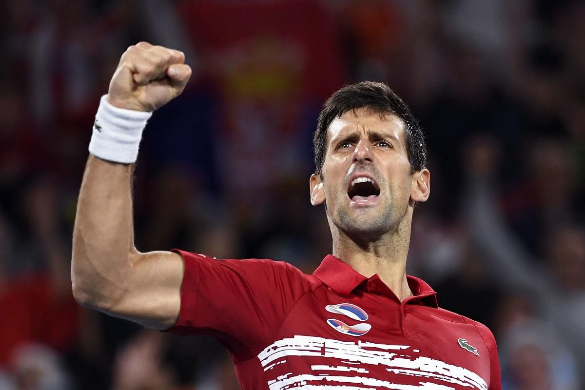Novak Djokovic of Serbia reacts after winning against Rafael Nadal of Spain in their men's singles match in the final of the ATP Cup tennis tournament in Sydney. AFP