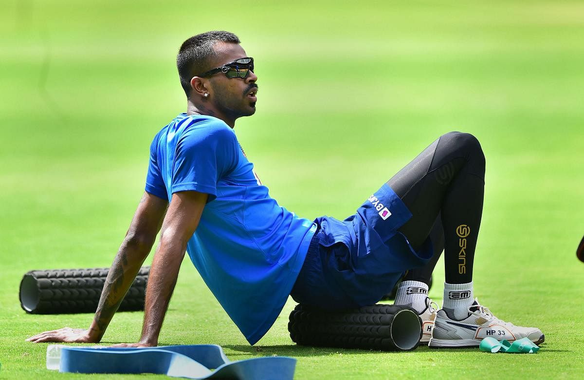 Indian cricketer Hardik Pandya during a practice session ahead of the 3rd T20 match against South Africa, at Chinnaswamy Stadium in Bengaluru, Saturday, Sept. 21, 2019. (PTI Photo)