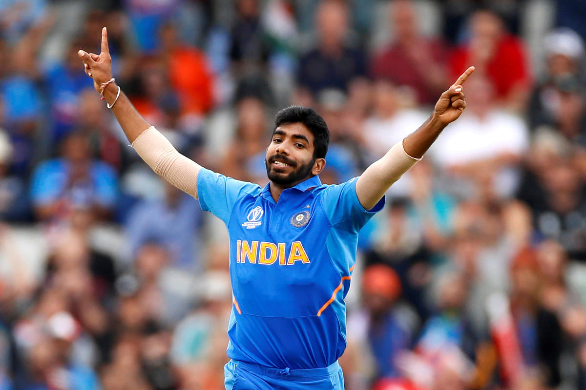 India's Jasprit Bumrah celebrates taking the wicket of New Zealand's Martin Guptill during ICC Cricket World Cup Semi-Final in 2019. (Reuters Photo)