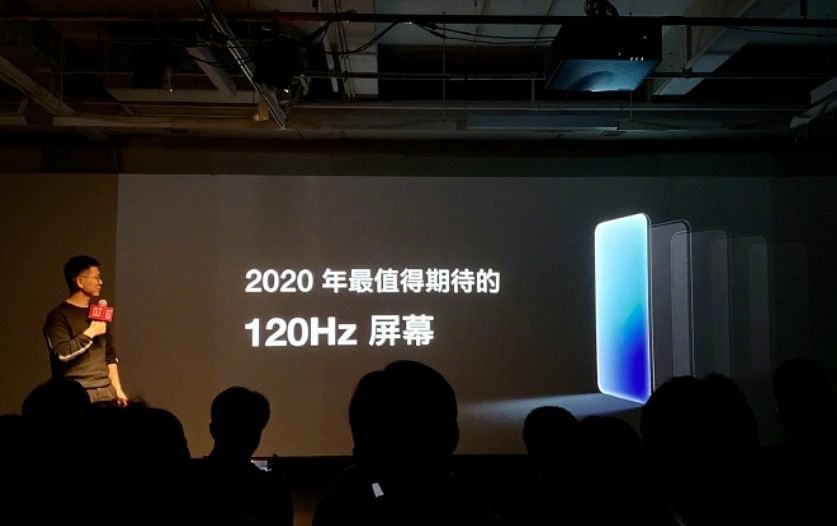 OnePlus executive announcing the 120Hz screen refresh rate for phones in Shenzhen (Credit: Weibo/screen-shot)