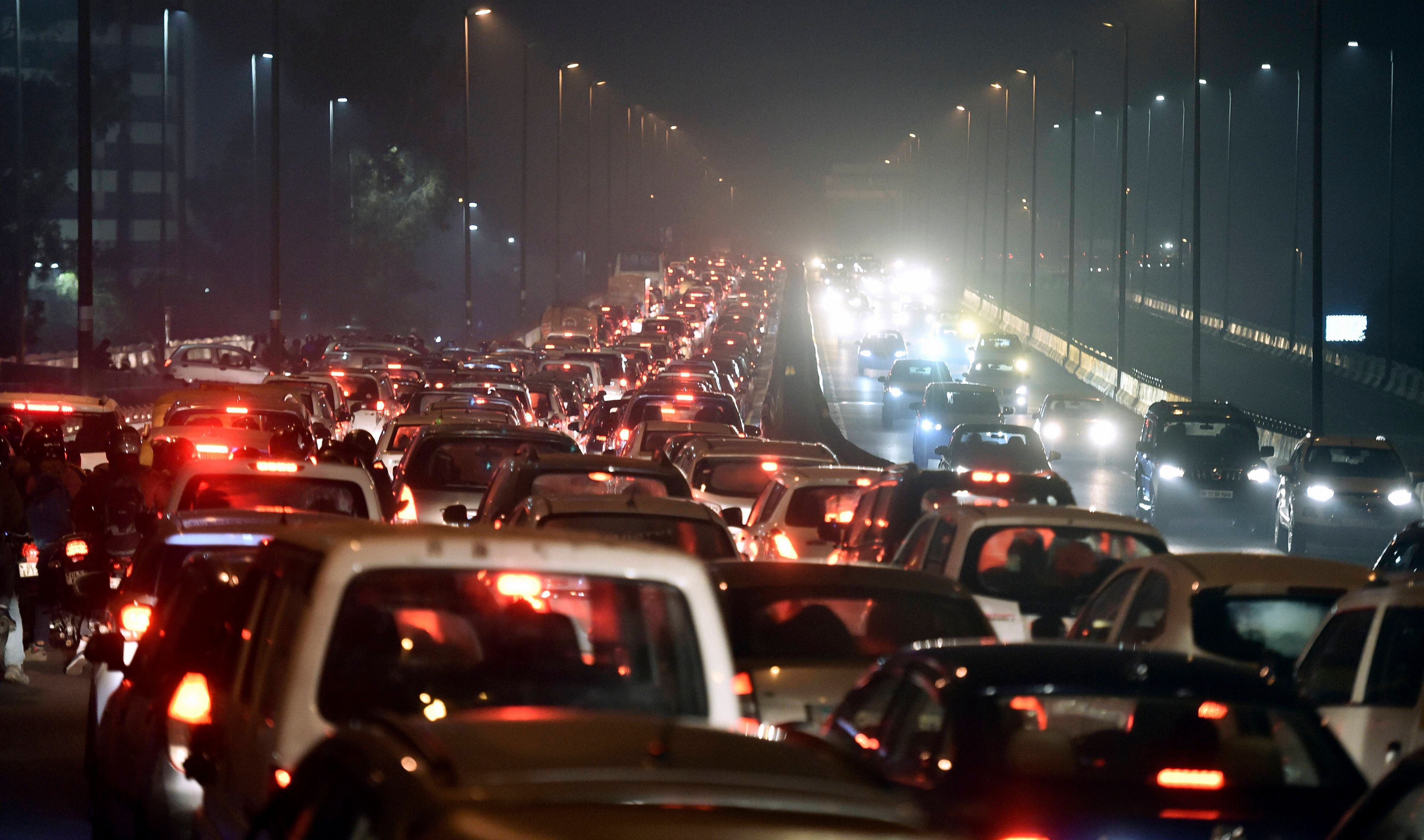 Traffic jam at Barapulla elevated road due to demonstration against Citizenship (Amendment) Act and NRC at Shaheen Bagh in New Delhi,. (PTI Photo)