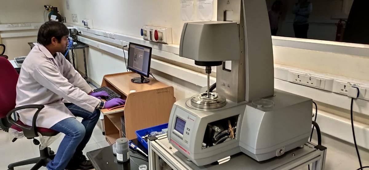 IISc PhD Student Pradip Bera conducts an experiment using a Rheometer on Jan 8, 2019. Researchers at IISc, Raman Research Institute and ETH Zurich have found a novel way to reproduce earthquake effects under lab conditions.