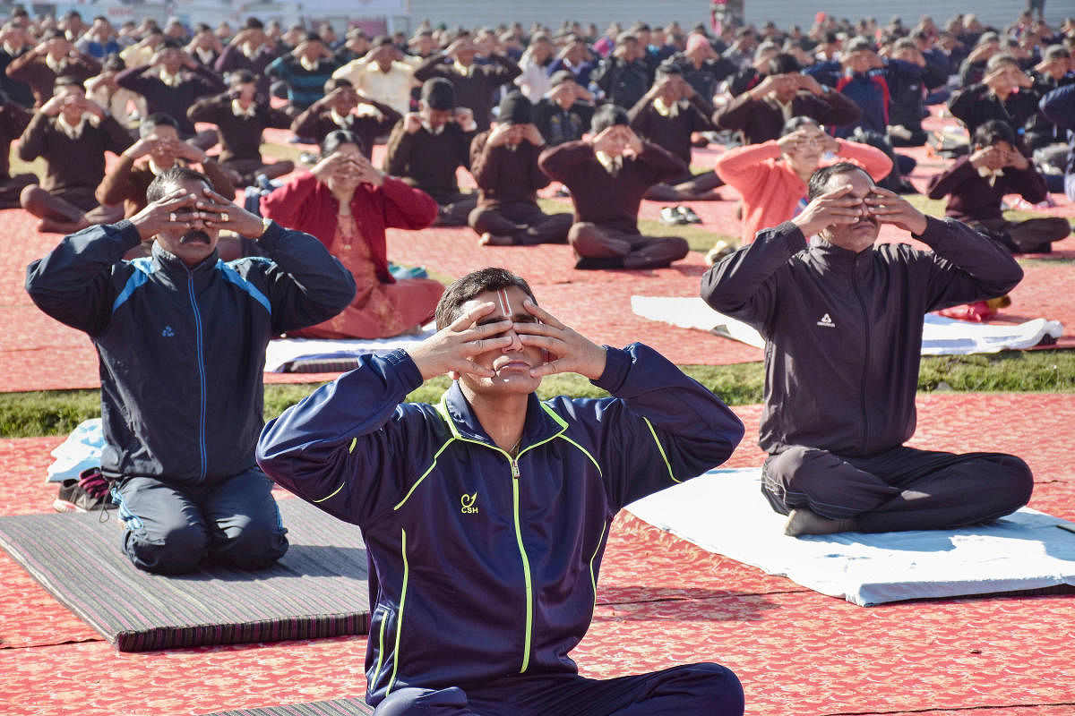 People performing yoga (PTI Photo)
