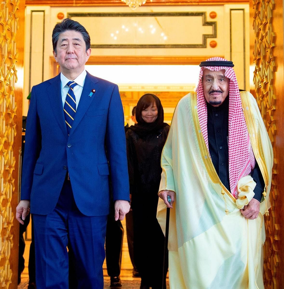 Saudi King Salman, receives Japan's Prime Minister Shinzo Abe in Riyadh, Saudi Arabia (AP Photo)