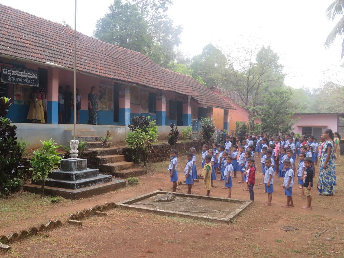 Children during the morning assembly at Government Higher Primary School at Kookrabettu in Belthangady Taluk.