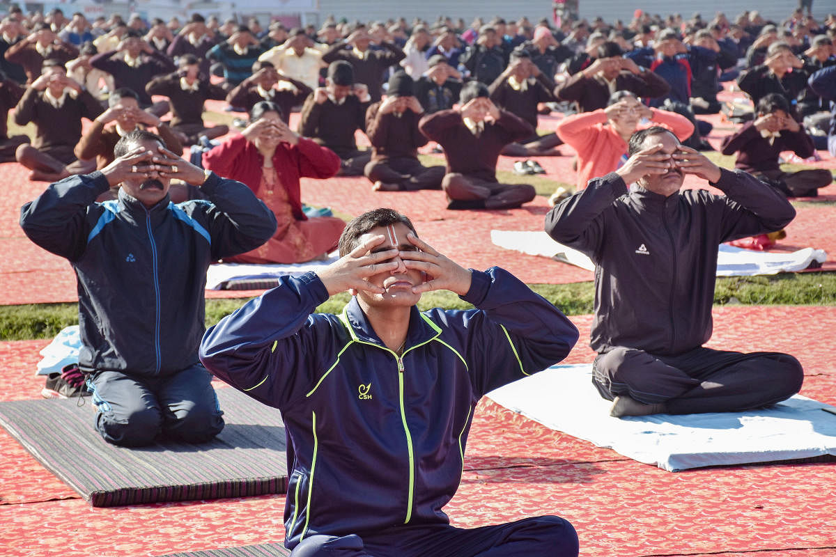 People performing Yoga (PTI Photo)