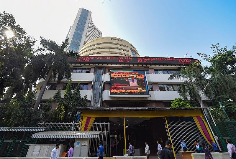 A view of the stock prices displayed on a digital screen outside BSE building in Mumbai. (PTI Photo)