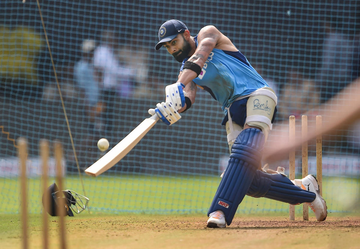Indian captain Virat Kohli bats during a training session ahead of the first one day international cricket match against Australia at Wankhede Stadium in Mumbai, Monday, Jan. 13, 2020.(PTI Photo)