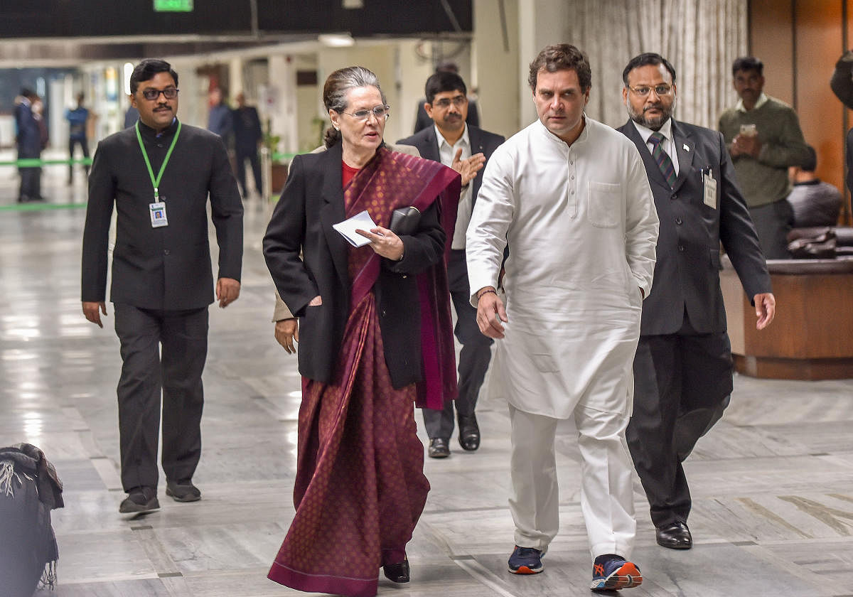 Congress interim President Sonia Gandhi along with party leader Rahul Gandhi. (PTI photo)