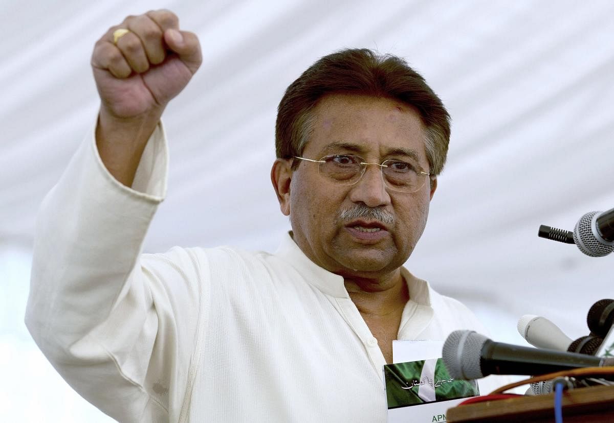 Pakistan's former President and military ruler Pervez Musharraf addresses his party supporters at his house in Islamabad, Pakistan. (PTI PHOTO)