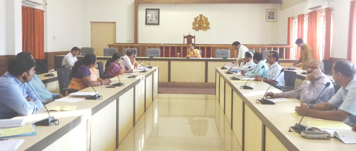 Deputy Commissioner Annies Kanmani Joy chairs a meeting of Labour department at the DC’s office in Madikeri on Wednesday. DH Photo