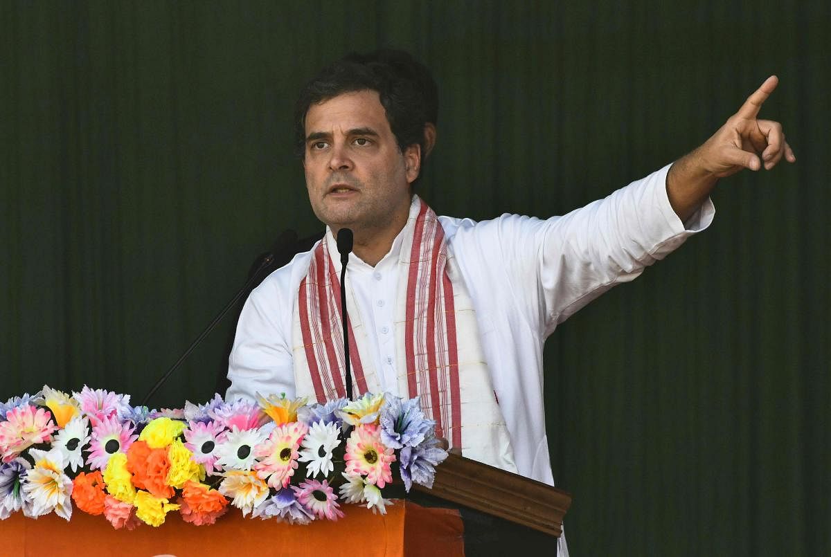 Rahul Gandhi, former President of Indian National Congress gestures as he speaks during a rally against India's new citizenship law in Guwahati. (AFP PHOTO)