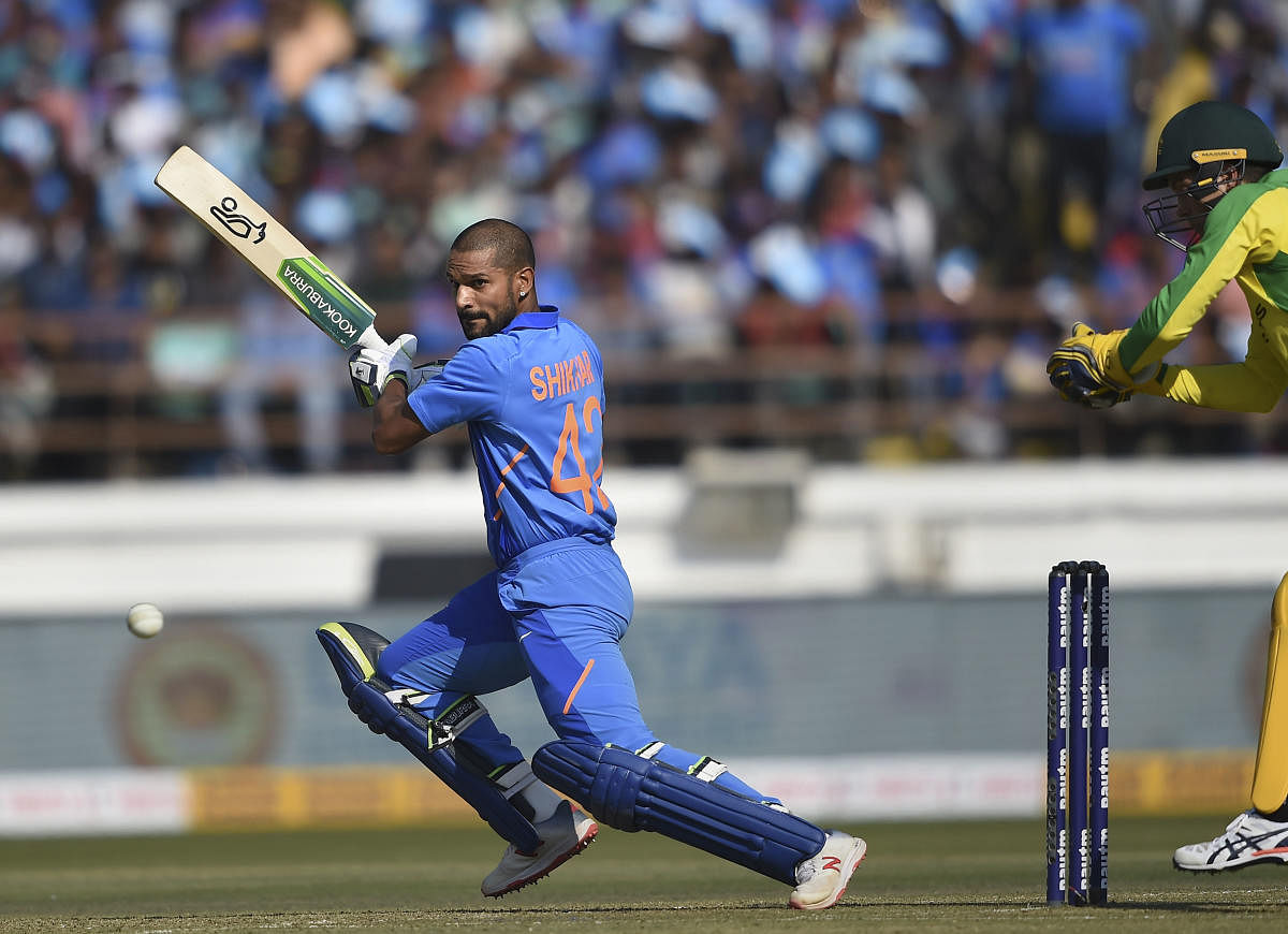 Shikhar Dhawan plays a shot during the second one day international (ODI) cricket match between India and Australia. PTI