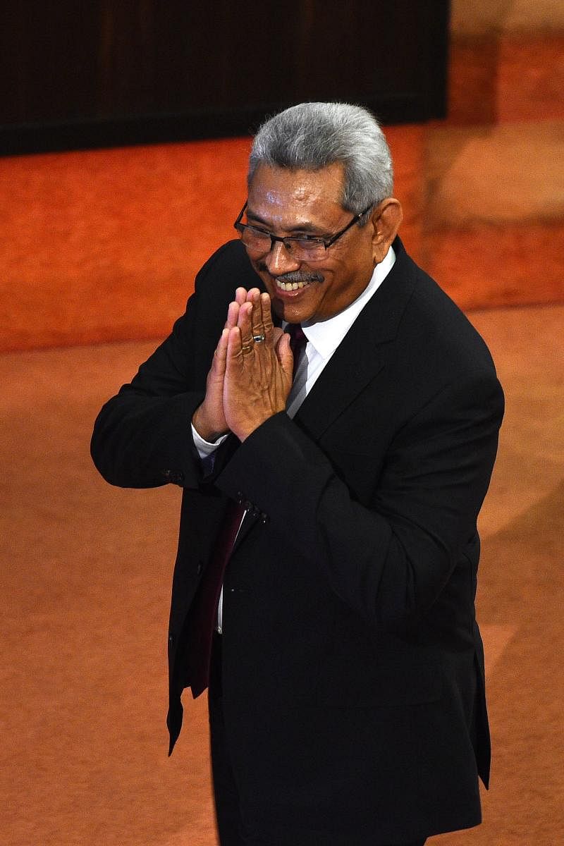 Sri Lanka's new President Gotabaya Rajapaksa arrives at the national parliament for his first policy address after his landslide electoral victory in November, in Colombo on January 3, 2020. (AFP Photo)