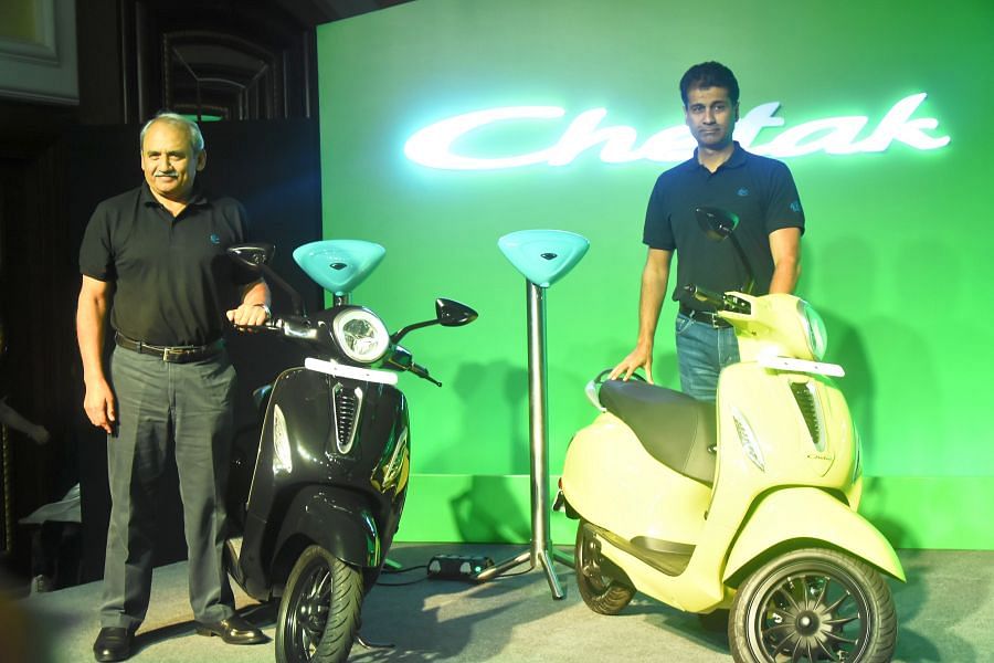 Rajiv Bajaj, MD (right) and Rakesh Sharma, ED - Bajaj Auto Ltd, during the launch of their electric scooter. Picture credit: Bajaj