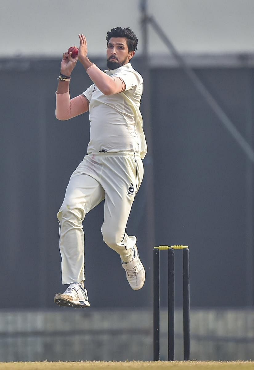 Delhi team player Ishant Sharma bowls on the second day of their Ranji Trophy cricket match against Hyderabad, in New Delhi, Thursday, Dec. 26, 2019. (PTI Photo)