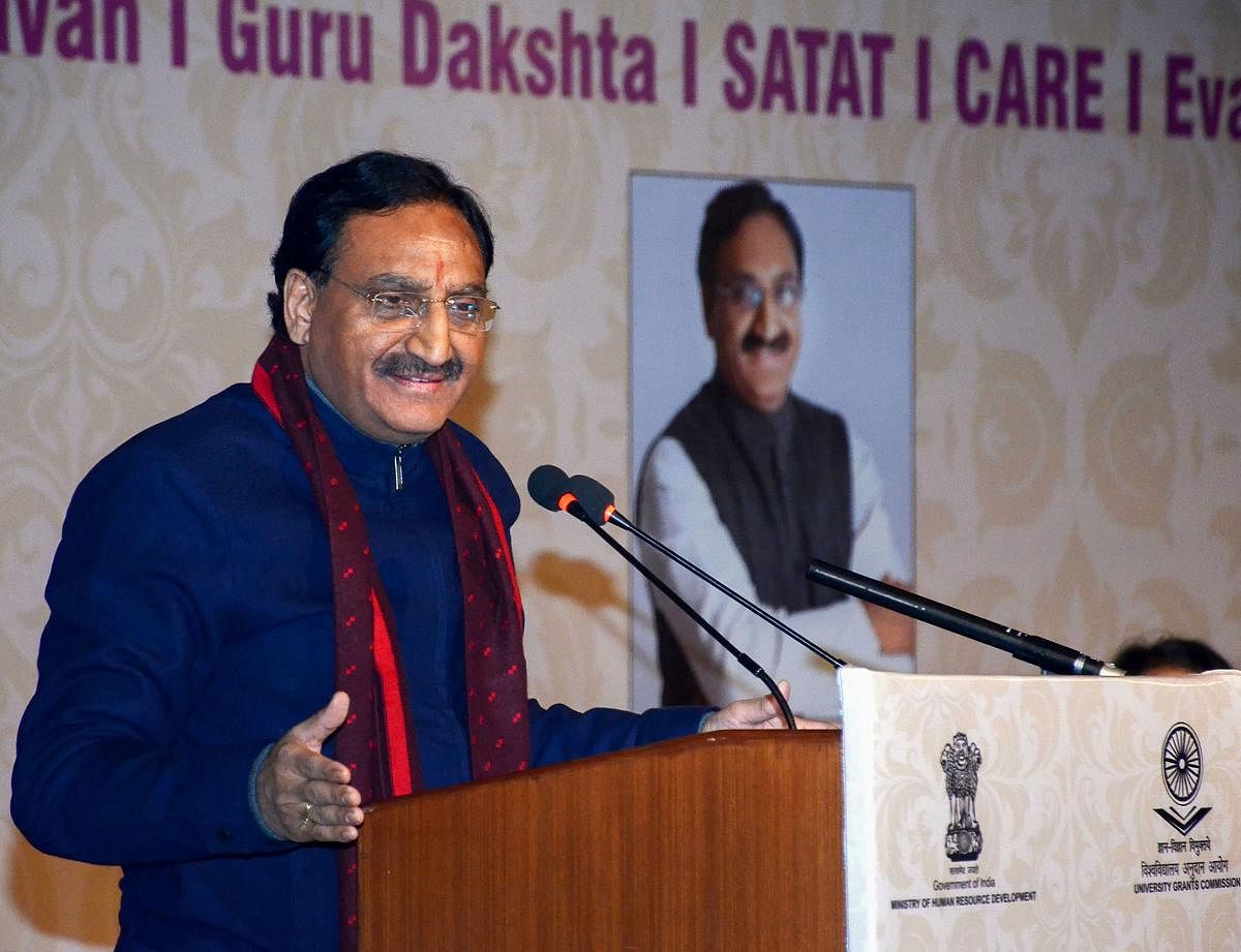 Union Minister for Human Resource Development Ramesh Pokhriyal ‘Nishank’ speaking at the launch of the UGC Guidelines/Frameworks, in New Delhi. (PTI Photo)