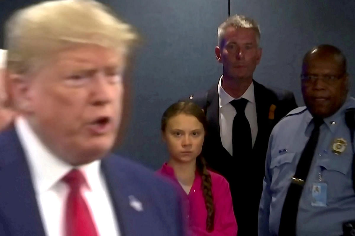 wedish environmental activist Greta Thunberg watches as U.S. President Donald Trump enters the United Nations. (Reuters Photo)