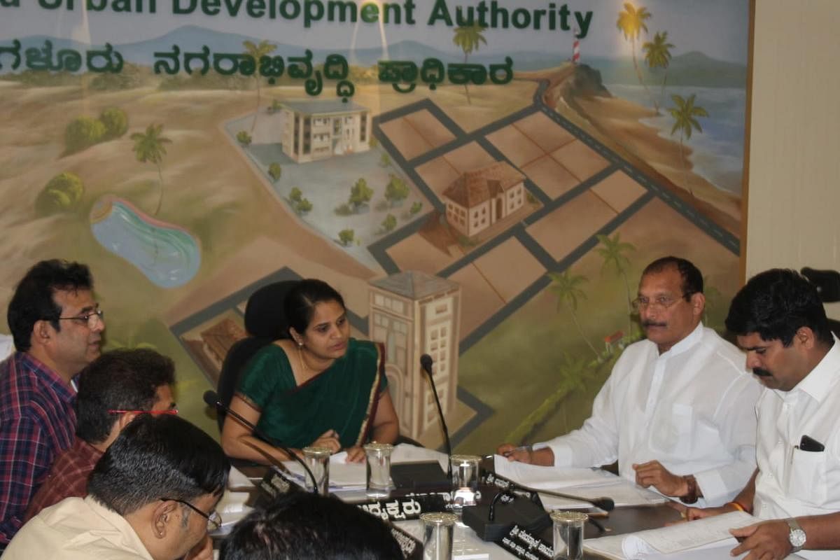 Deputy Commissioner Sindhu B Rupesh chairs a meeting of Mangalore Urban Development Authority in Mangaluru.