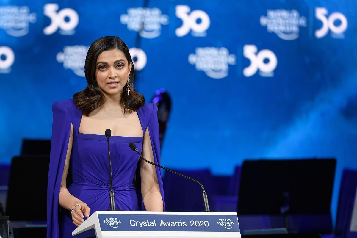 Deepika Padukone delivers her acceptance speech during the "Crystal Award" ceremony at the World Economic Forum (WEF) annual meeting in Davos, on January 20, 2020. (AFP Photo)