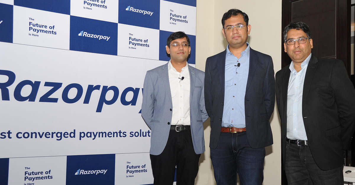 CTO and Co-Founder of Razorpay Shashank Kumar, CEO and Co-founder of Razorpay Harshil Mathur and chief innovation officer of Razorpay Arif Khan during the launch of Razorpay in Bengaluru (DH Photo)