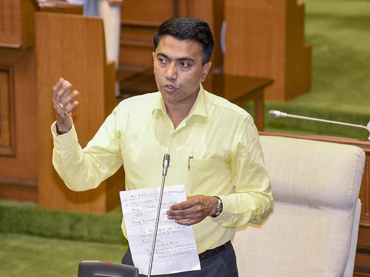 Goa Chief Minister Pramod Sawant delivers a speech during a confidence motion held at a special session in Goa State Legislative Assembly, in Panaji, Wednesday, March 20, 2019. (PTI Photo)