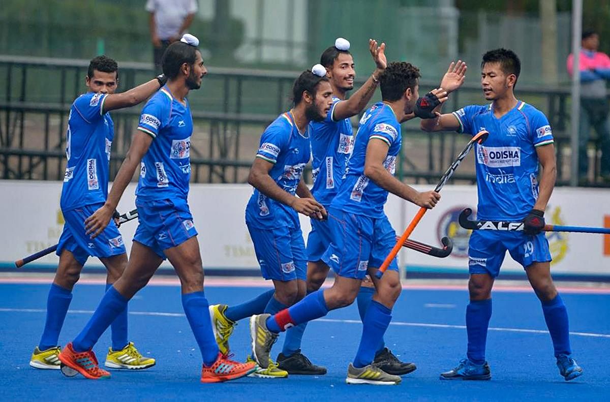 Indian Junior Men's Hockey Team players celebrate after scoring a goal during the 9th Sultan of Johor Cup against Australia in Johor Bahru in Malaysia, Wednesday, Oct. 16, 2019. India beat beat Australia 5-1 and qualified for final. (PTI Photo)