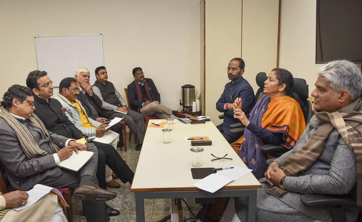 Finance Minister Nirmala Sitharaman in a pre-budget meeting with BJP's national office-bearers, spokespersons, Morcha members, departments, publications and think-tanks at BJP headquarters in New Delhi. PTI
