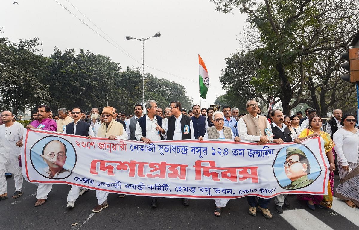 Left Front Chairman Biman Bose and others take part in a rally on the occasion of 123rd birth anniversary of freedom fighter Netaji Subash Chandra Bose. PTI