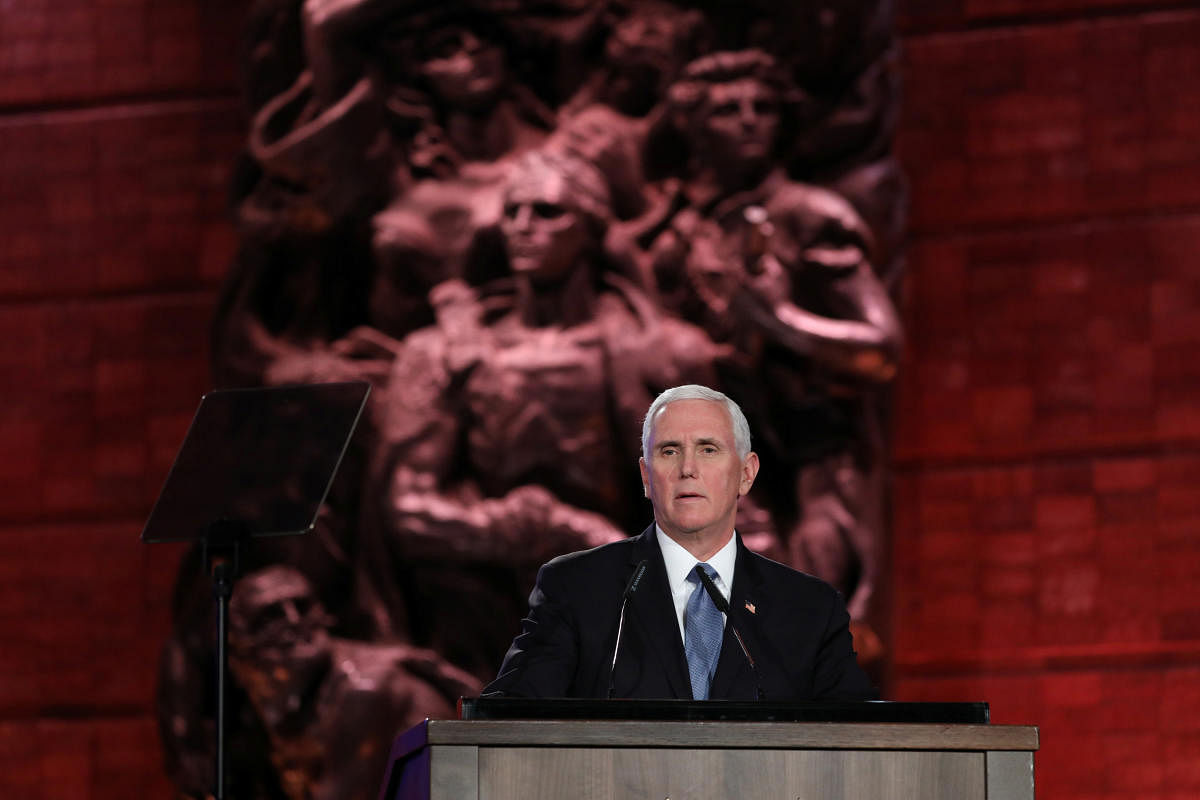 Mike Pence speaks during the Fifth World Holocaust Forum at the Yad Vashem Holocaust memorial museum in Jerusalem. Reuters